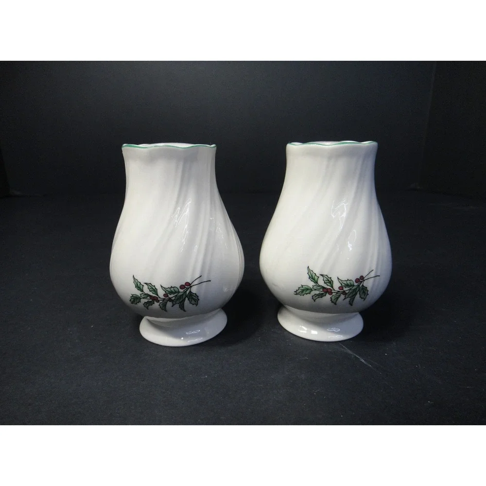 Vintage Nikko Japan Happy Holidays Salt and Pepper Shakers Set White Swirl EUC